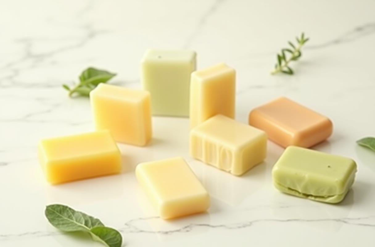 Assortment of natural hand soaps on a marble surface