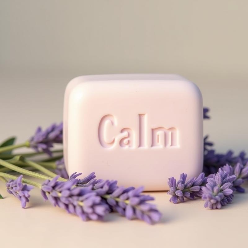 Lavender calm hand soap bar next to lavender sprigs